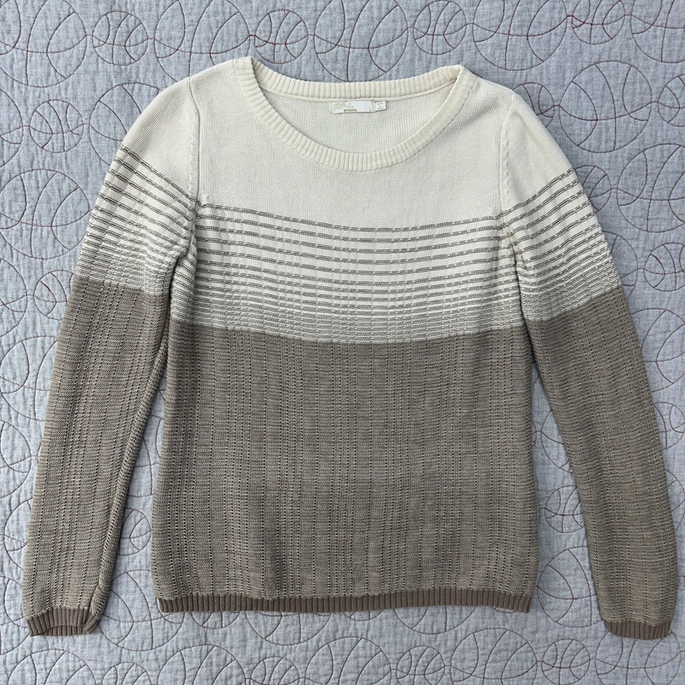 prAna Mallorey Sweater‎ Tan Cream Striped Organic Cotton Knit / Women's Large